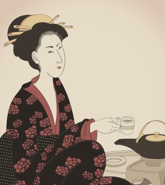 Woman drinking tea- Japanese style drawing- vector clipart
