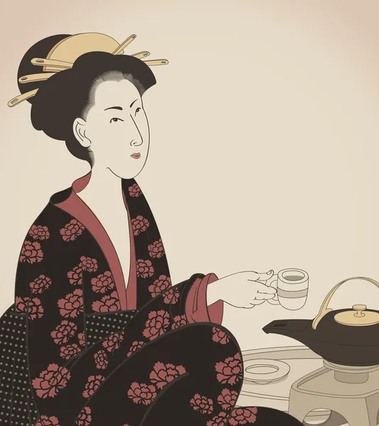 お茶日本語スタイル描画ベクトルを飲む女性 — ストックベクタ