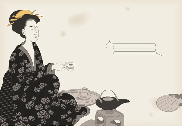 女人喝茶叶日式绘图 — 图库矢量图片