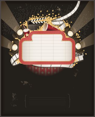 Theatre marquee with movie theme objects. Composition clipart