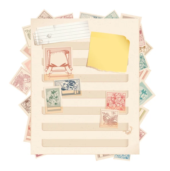 Stempel boekenpagina met postzegels, papier en post-it — Stockvector