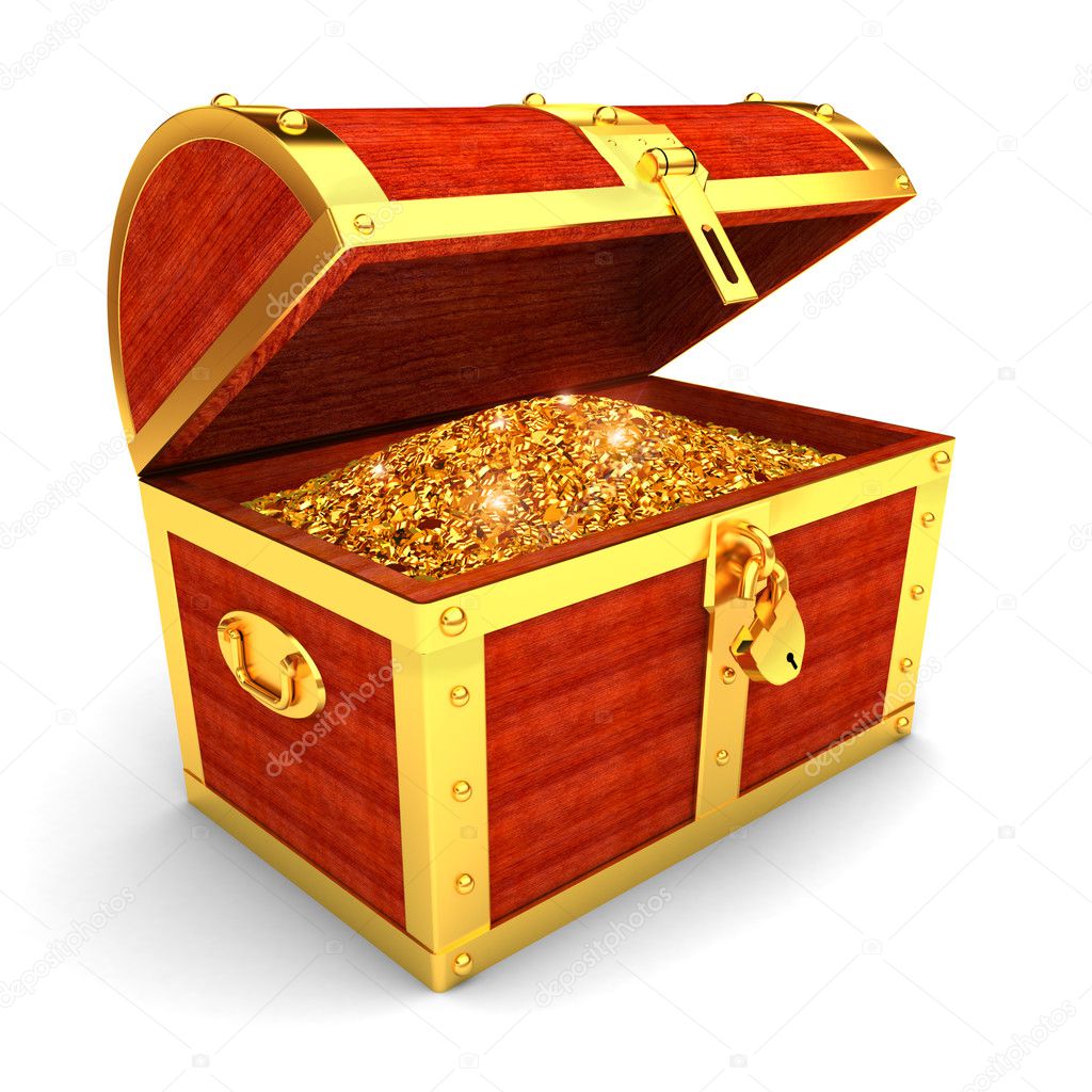 Wooden chest with gold coins
