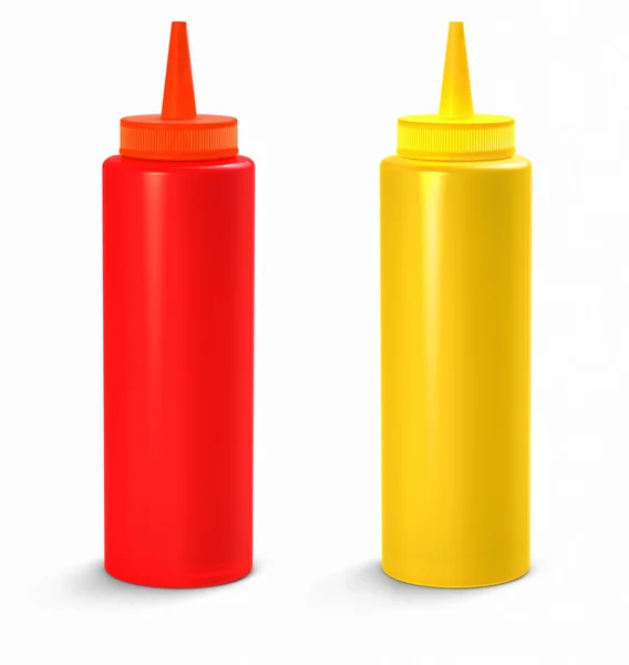 Butelki ketchupu i musztardy — Zdjęcie stockowe