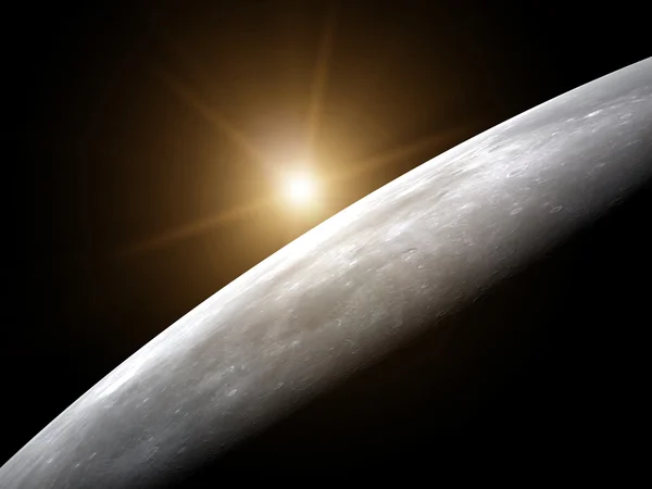 Surface de la lune et soleil levant jaune — Photo