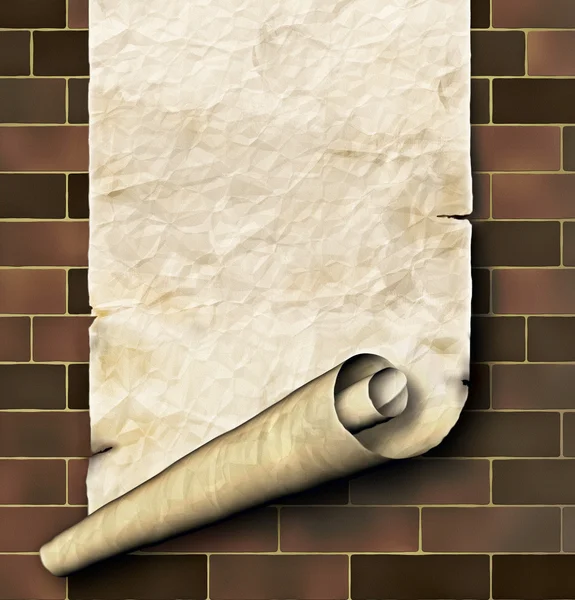 Rolagem de papel antigo na parede de tijolo — Fotografia de Stock