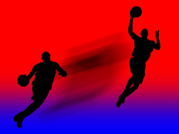 クリッピング パスと赤と青の背景でアクションのバスケット ボール選手の黒い図 — ストック写真