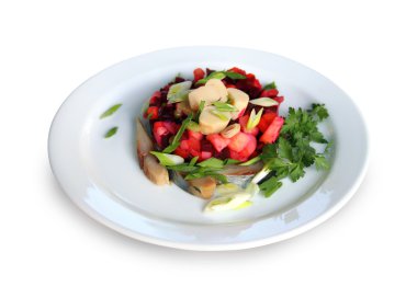 Salad with vegetables, mushrooms and herring clipart