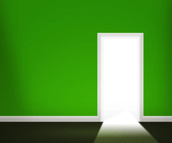 Porta aberta na parede verde — Fotografia de Stock