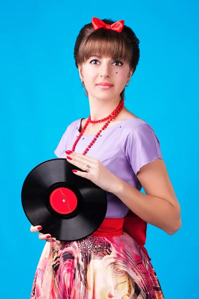 ディスコデ レコードを持つ女性 — ストック写真