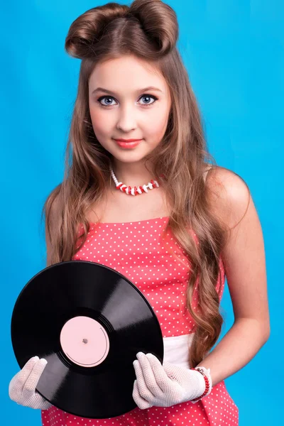 Een meisje met vinyl record — Stockfoto