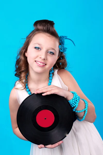 ディスコデ レコードとかわいい女の子 — ストック写真
