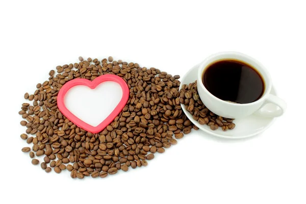 Café, grains de café, forme de coeur - concept "J'aime le café" — Photo