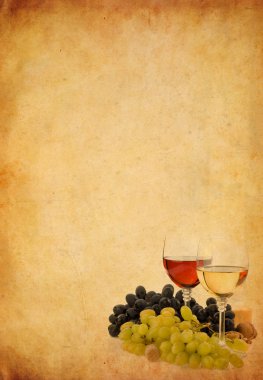 Wine in glass and grape on old paper background clipart