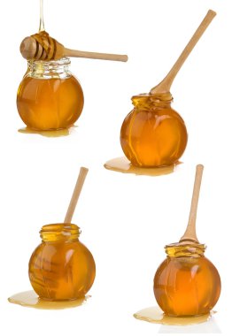 Glass pot full of honey and stick on white clipart