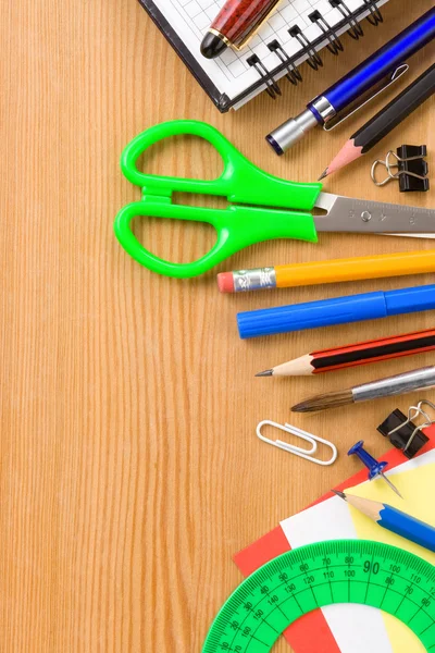 Back to school concept and supplies on wood — Stock Photo, Image
