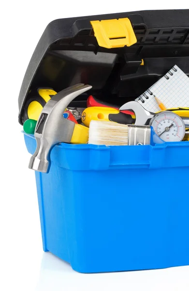Hulpmiddelen en bouw toolbox geïsoleerd op wit — Stockfoto