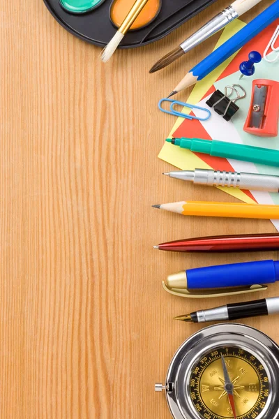 Back to school concept and supplies on wood — Stock Photo, Image