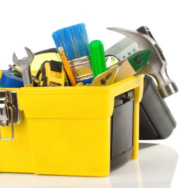 Tools in black toolbox on white clipart