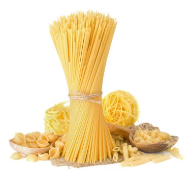 Pasta and wooden spoon on white clipart