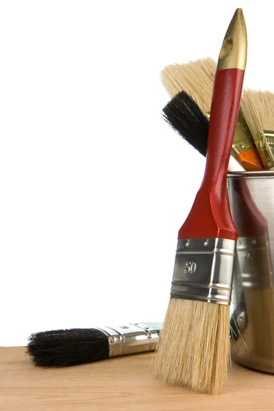 Paintbrush and bucket isolated on white — Stock Photo, Image