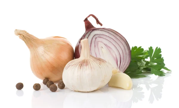 Garlic, onion and green parsley — Stock Photo, Image
