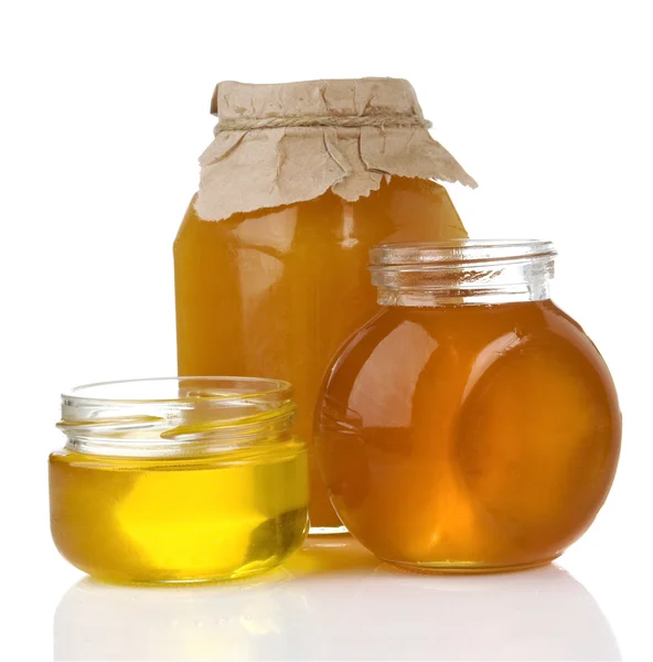 Vaso di miele e vasetto isolato su bianco — Foto Stock