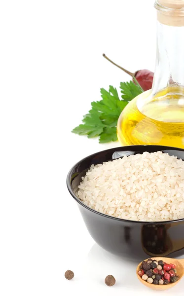 Reis und gesunde Ernährung auf weiß — Stockfoto