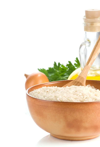 Rijst en gezond voedsel op wit — Stockfoto