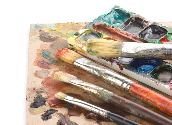 Fırça ve sanat palet boya ile — Stok fotoğraf