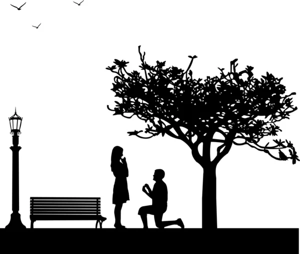 Propuesta romántica en parque bajo el árbol — Vector de stock