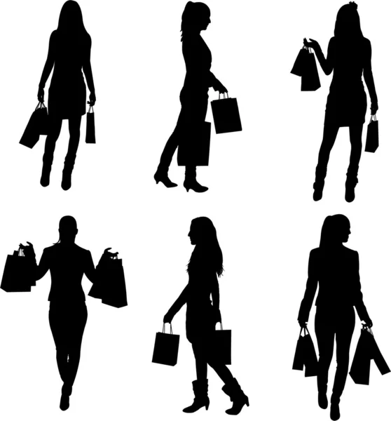 En samling av silhuetter av kvinnor shopping — Stock vektor