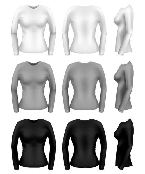 Mujeres de manga larga plantillas de camiseta desde todos los ángulos — Archivo Imágenes Vectoriales