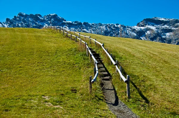 Dolomiterna berg spår och staket på gräsmattan Royaltyfria Stockfoton