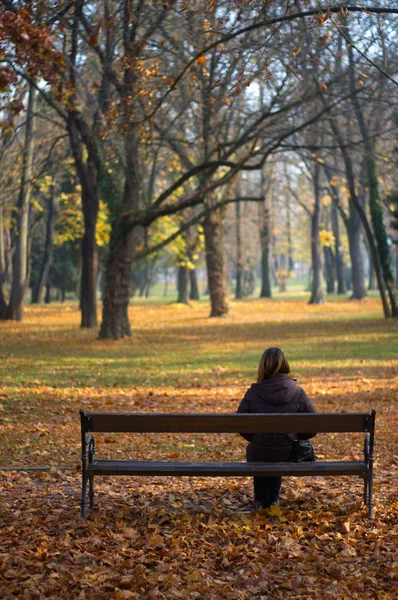 Одинокая девушка сидит в осеннем парке — стоковое фото