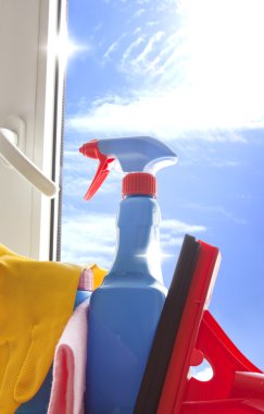 Cleaning kit for cleaner on the window clipart