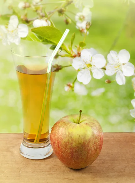 Apple juice in spring garden — Stock Photo, Image