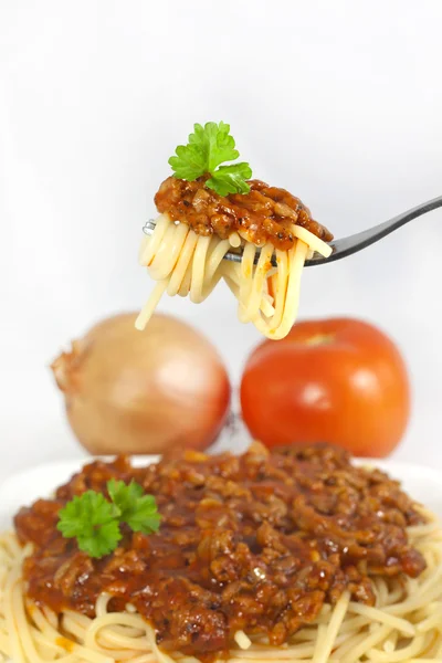 Spaghetti pasta på gaffeln — Stockfoto