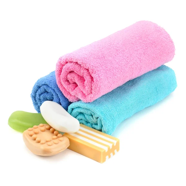 Stack of towels and soap — Stock Photo, Image