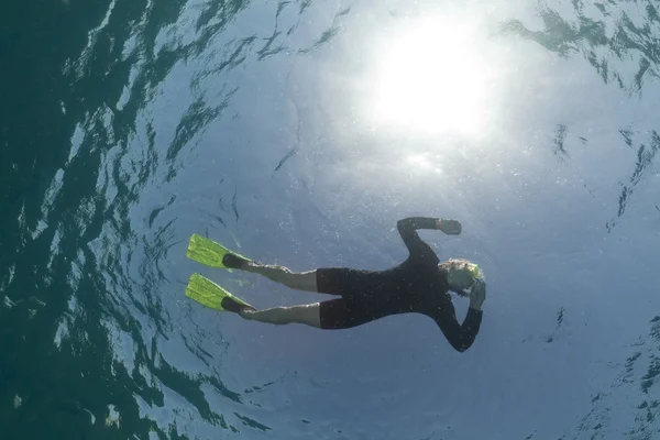 Snorkeler avistando peixes no Mar Vermelho . — Fotografia de Stock