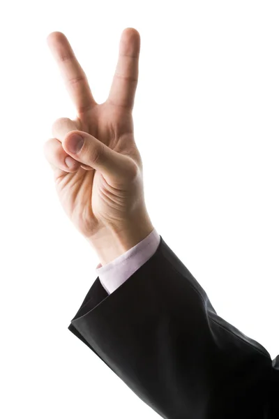 Afbeelding van mannenhand tonen twee vingers op een witte achtergrond — Stockfoto