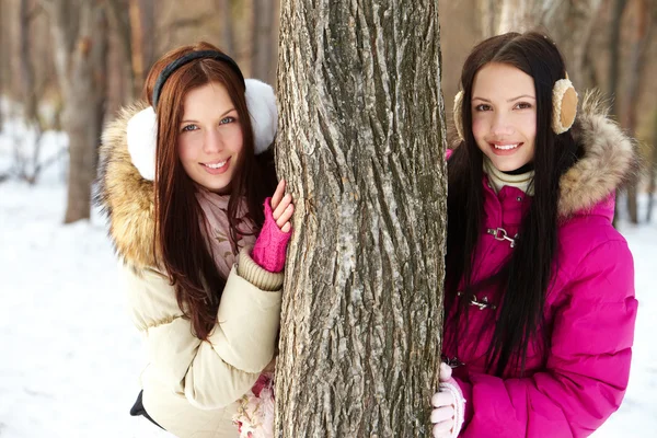 Meninas por árvore — Fotografia de Stock