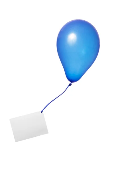 Blue balloon with ribbon and greeting card — Stock Photo, Image