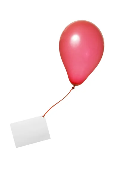 Röd ballong med band och gratulationskort — Stockfoto