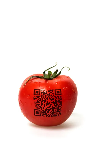 Red tomato with qr code — Stock Photo, Image