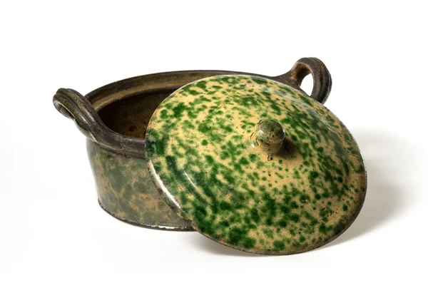 Keramiska gryta med lock glaserade brun och grön — Stockfoto