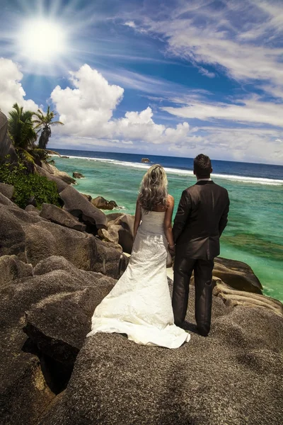 Bride and groom looking out over the ocean — Stock Photo, Image