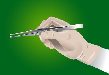 Gloved hand of surgeon with surgical clamp clipart