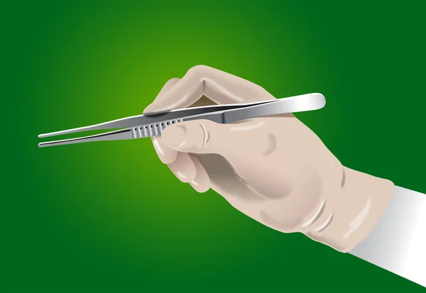 Behandschuhte Hand des Chirurgen mit Chirurgenklammer — Stockfoto
