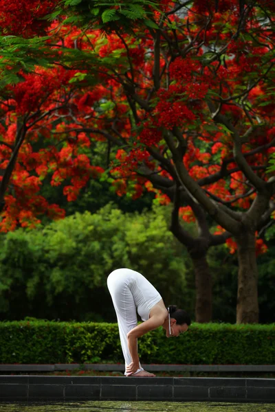 En ung kvinne som trener yoga utendørs. – stockfoto