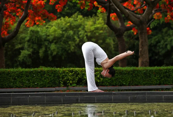 Uma bela mulher exercitando ioga ao ar livre — Fotografia de Stock